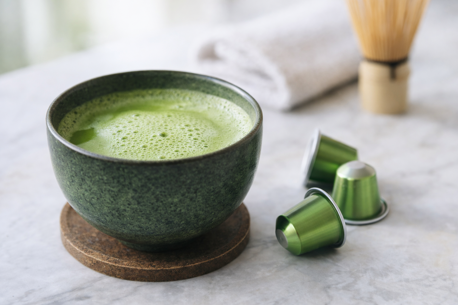 Matcha green tea in capsules compatible with Nespresso machines